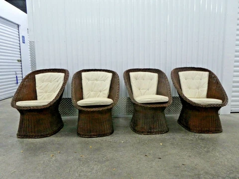 4 FABULOUS ITALIAN MID CENTURY SCOOP RATTAN LOUNGE CHAIRS Cover