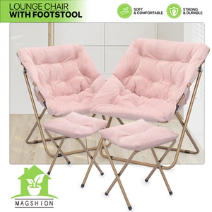 2 Pcs Folding Faux Fur Moon Saucer Chair Metal Frame Pink Lounge Chair w/Ottoman - Picture 1 of 12