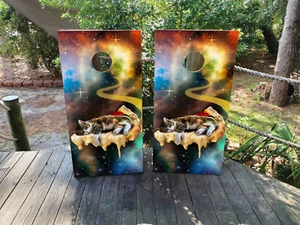 WATERPROOF & FADEPROOF Cornhole Board Wraps Psychedelic Pizza Cat  / - Picture 1 of 3