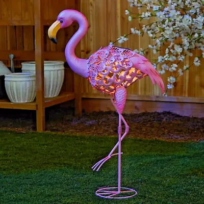Pink Flamingo One Leg Stance Iron Statue Detailed Feathers Solar Light 27" Tall - Image 1 of 4