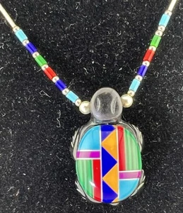 Zuni Blk Onyx Schildkröte, mit Inlay Multicolor Edelsteine Fetisch Halskette 23" Flüssigsilber - Bild 1 von 5