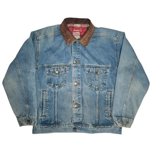 Vtg Marlboro Country Store Mens L Blue Denim Trucker Jean Jacket Leather Collar - Picture 1 of 12