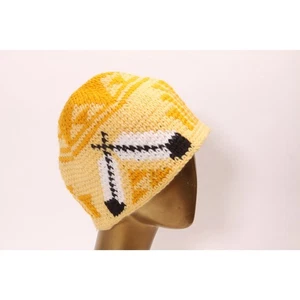 1970s Yellow, White and Black Novelty Crochet Feather Stocking Cap Beanie Hat - Picture 1 of 10