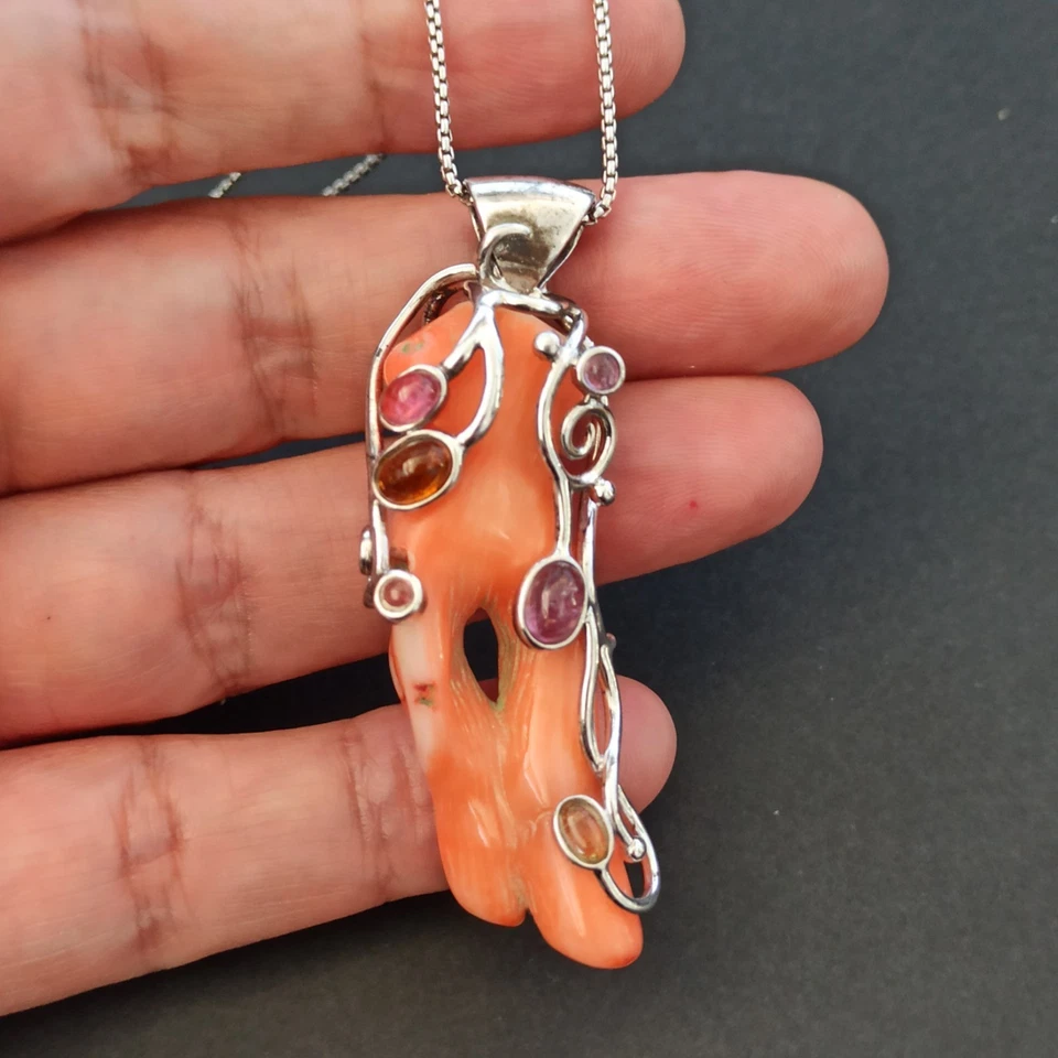 Coral ÚNICO Collar Artesanal Plata Esterlina Modernista Art Nouveau Regalo Renacimiento Foto 1 de 4
