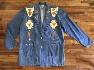 Vintage Cactus California Blazer Jacket S Blue Jean Gold Embellished Cotton - Picture 1 of 7
