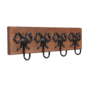 16.5 inch Bow Hooks Coat Rack with 4 Metal Hooks Brown Pine Wood Plank - Picture 1 of 7