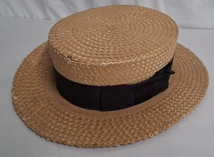 Vintage Herren Dobb's Fifth Ave NY Rosenblätter hellbraun & schwarz Stroh Bootfahrer Hut 7 3/8 - Bild 1 von 11