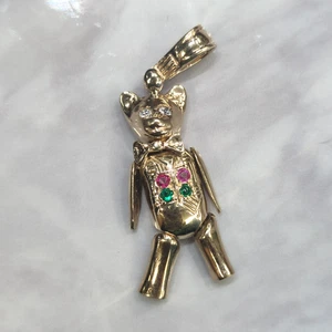 Teddy Bead 9ct Yellow Gold Pendant Multi Colour Gemstones Size 42mm x 13mm - Picture 1 of 14