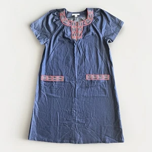 Go Softly Dress Sz S Blue Denim Embroidered Aztec Shrt Sleeve Pockets Zip Collar - Picture 1 of 21