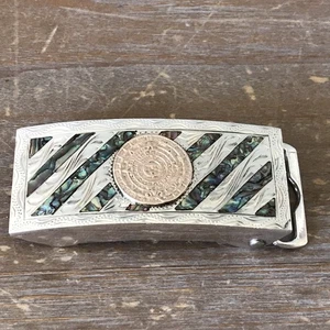 "Calendario azteca de plata de ley 925 y abulón grabado 1"" hebilla de cinturón 32,6 g (SB79)" - Imagen 1 de 17