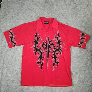 Vintage Sapphire Lounge Hemd Herren XL Rot Tribal Flammen Print Knopfleiste 90er Y2K - Bild 1 von 10