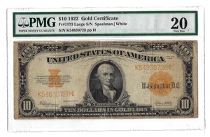 20 PMG 10 Dollars 1922 United States Banknote Gold Certificate Banknote # 1173 - Picture 1 of 4