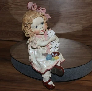 mantel sitter adorable girl pink dress ribbon holding puppy toys shelf dresser - Picture 1 of 10