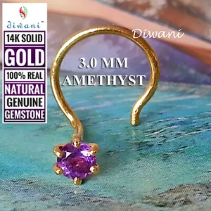 3.0mm Natural AMETHYST Gemstone Wedding Nose Piercing Ring Pin Stud 14k Gold - Picture 1 of 12