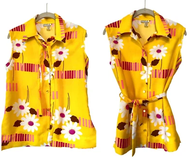 Top De Colección Lanie J Años 70 Floral Abotonado Para Mujer L Amarillo Flower Power Retro Disco Foto 1 de 4