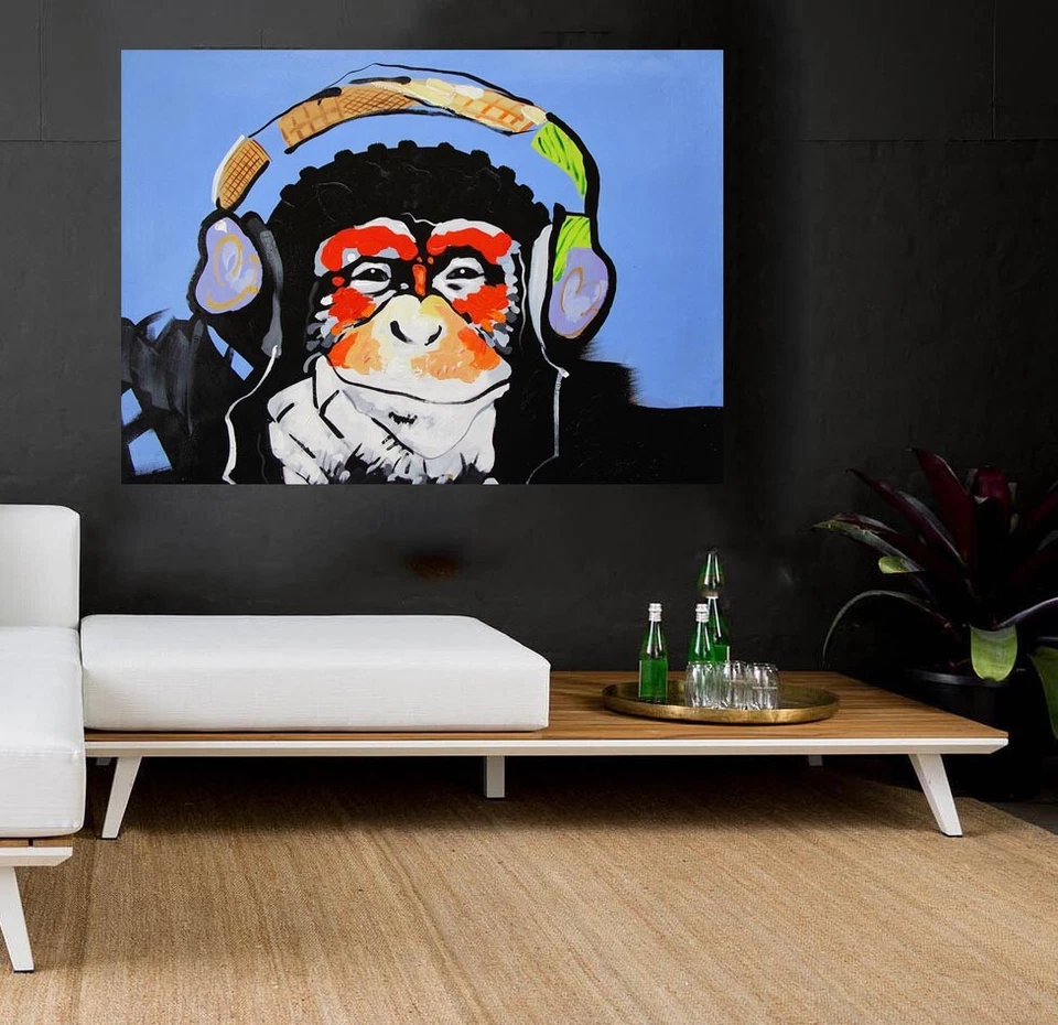 Art Painting Canvas  original Street framed DJ Monkey chimp 60cm x 50cm - Image 1 of 3