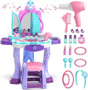 Pretend Play Kids Vanity Table and Chair Set, Girls Makeup Table with Mirror Sto - Picture 1 of 7