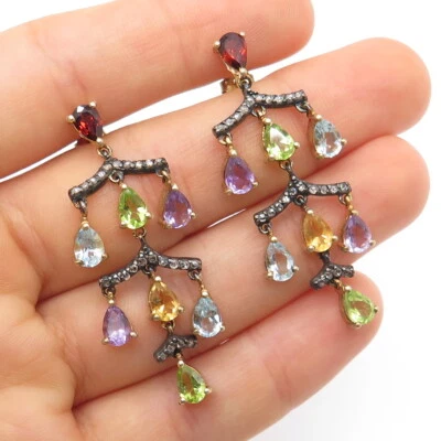 925 Sterling Silver Gold Plated Black Rhodium Real Diamond & Multi-Gem Earrings - Image 1 of 4