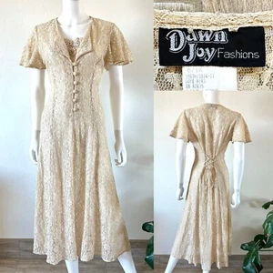 VTG 90'S DAWN JOY SHEER LACE MIDI DRESS CORSET BACK FAIRY BOHO COQUETTE FITS S - Picture 1 of 12