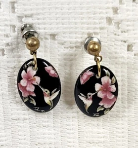 Handpainted Porcelain Dangle Earrings Hummingbird Scene  - Picture 1 of 4