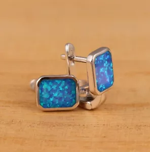 Solid 925 Sterling Silver Blue Opal Rectangle Shaped V-Hoop Earrings Gift Boxed - Picture 1 of 8