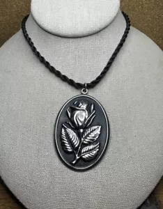 International Sterling Silver Rose Flower Pendant Ornament Black Enamel - Picture 1 of 6