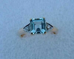 1.07 Ct Aquamarine & Natural Diamond Solitaire Ring 10k Solid Yellow Gold - Picture 1 of 5
