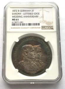 Germany Saxony 1872 Wedding 2 Thaler NGC MS61 Silver Coin,UNC - Picture 1 of 2