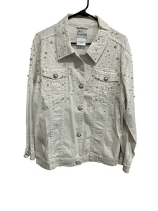 Quacker Factory Pearl Rhinestone Embellished Denim Jacket White Sz Large Cotton - Picture 1 of 10