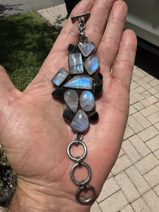 Artisan crafted Moonstone & Onyx 925 Sterling Silver Bracelet. 7.5x2” - Picture 1 of 3