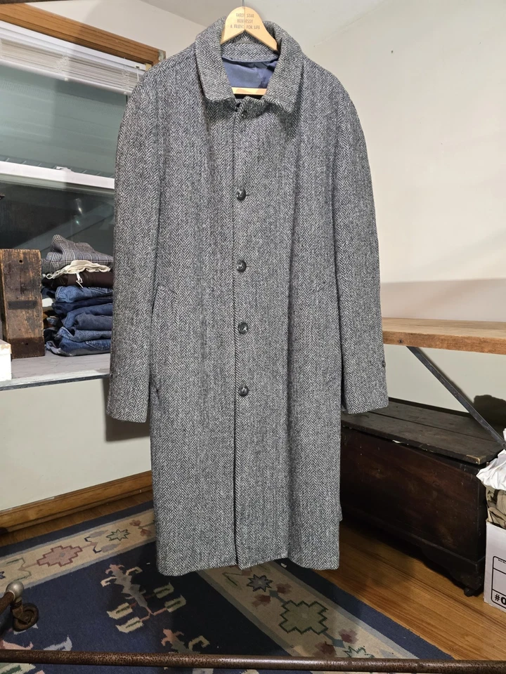 VTG Harris Tweed Overcoat Mens 42L Gray Herringbone Pure Scottish Wool Topcoat - Image 1 of 4