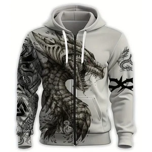 Men's Dragon Hoodie All Over Print Dark to Light Black Silver Size 3XL - Picture 1 of 5
