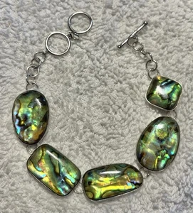 Vintage LUC Signed Sterling Silver 925 Abalone Shell Bracelet Toggle Clasp 8" - Picture 1 of 8