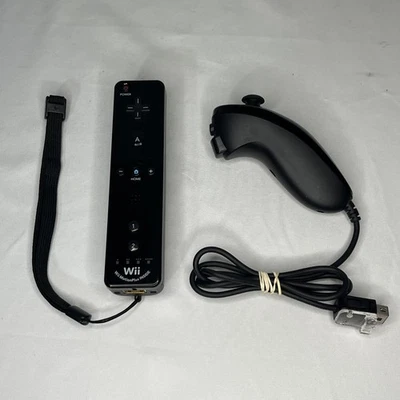 GENUINE Nintendo Wii Controller Motion Plus Wiimote Black w/ Nunchuck - Tested - Image 1 of 4