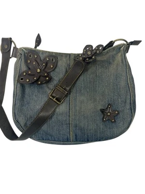 Bolso Bandolera Hobo Denim Envejecido Azul Floral Adornado Hombro Slouchy Boho Foto 1 de 4
