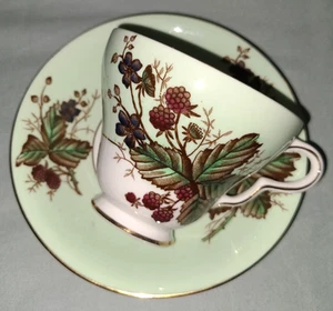 Vtg Taylor & Kent bone china tea cup & saucer, light green w raspberry plant - Picture 1 of 18