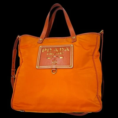 PRADA нейлона лазерной резки логотип сумка с короткими ручками оранжевый 2-сторонний плеча подлинный - Изображение 1 из 4