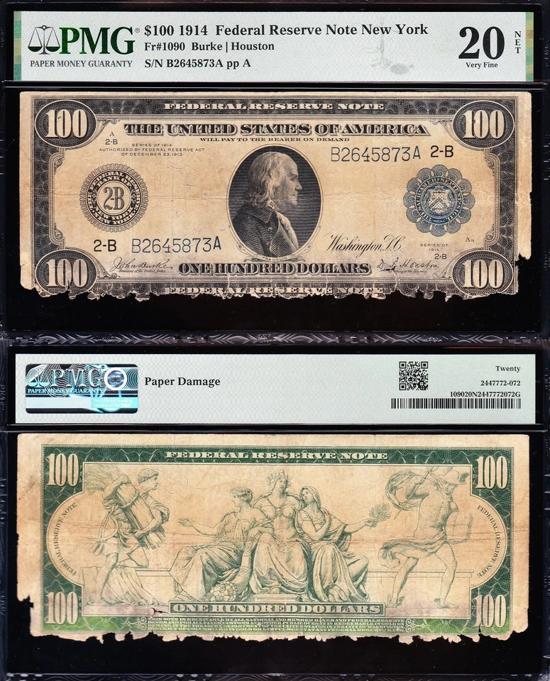 *RARE* VF net graded 1914 $100 NEW YORK Federal Reserve Note! PMG 20! FREE SHIP! - Image 1 of 3