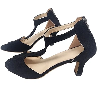 Black Peep Toe T-Strap Kitten Heels Women's Dress Shoes Party Career - Image 1 of 4