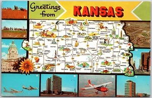Kansas State Map Multi View Topeka, Airplanes, Wheat Harvest, Vintage Postcard - Picture 1 of 2