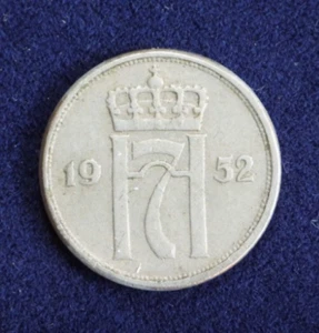 1952 Norway 10 Ten Ore Copper-Nickel Coin KM 396 Haakon VII - Picture 1 of 4