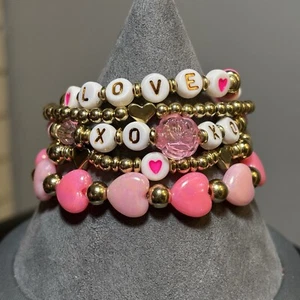 Friendship Bracelet Stack, Valentine’s Day, Set Of 5, Gold, Pink, White, Bangles - Picture 1 of 5