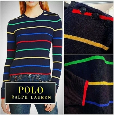 $268 Polo Ralph Lauren Mujer MEDIANO 100% CACHEMIR SUÉTER Rayas HILO ITALIANO Foto 1 de 4