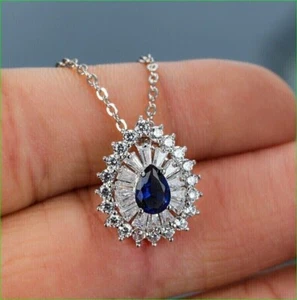2Ct Pear Cut Lab-Created Sapphire & Diamond Halo Pendant 14K White Gold Plated - Foto 1 di 4