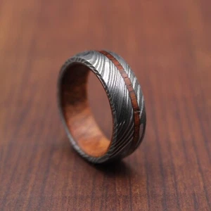 Damascus Steel Whiskey Barrel Ring Man Ring Wood Wedding Ring Man Promise Ring - Picture 1 of 5