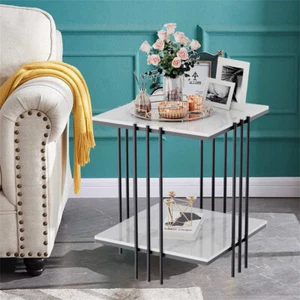 2 Tier Coffee Table Marble Side End Accent Table Couch Bedside Table w Black Leg - Picture 1 of 19