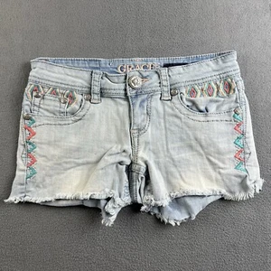 GRACE IN LA Shorts Womens Size 25 Blue Denim Embroidered Flap Pockets Y2K - Picture 1 of 16