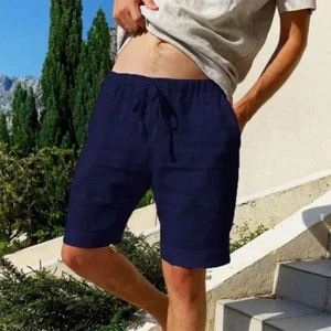 Men's Summer Cotton Linen Beach Shorts Loose Fit Breathable Solid Trousers - Picture 1 of 18