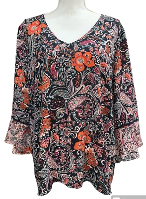 Blusa J Jill Talla Grande Rosa Naranja Negra Floral Paisley Cuello en V Manga Acampanada Foto 1 de 4
