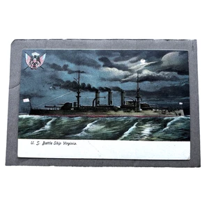 U S Battleship Virginia in Moonlight night view UND wb antique POSTCARD - Picture 1 of 2